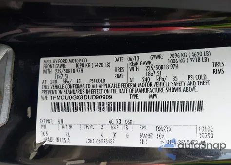 2013 Ford Escape Se z USA, uszkodzony, nr VIN 1FMCU0GX8DUD90909